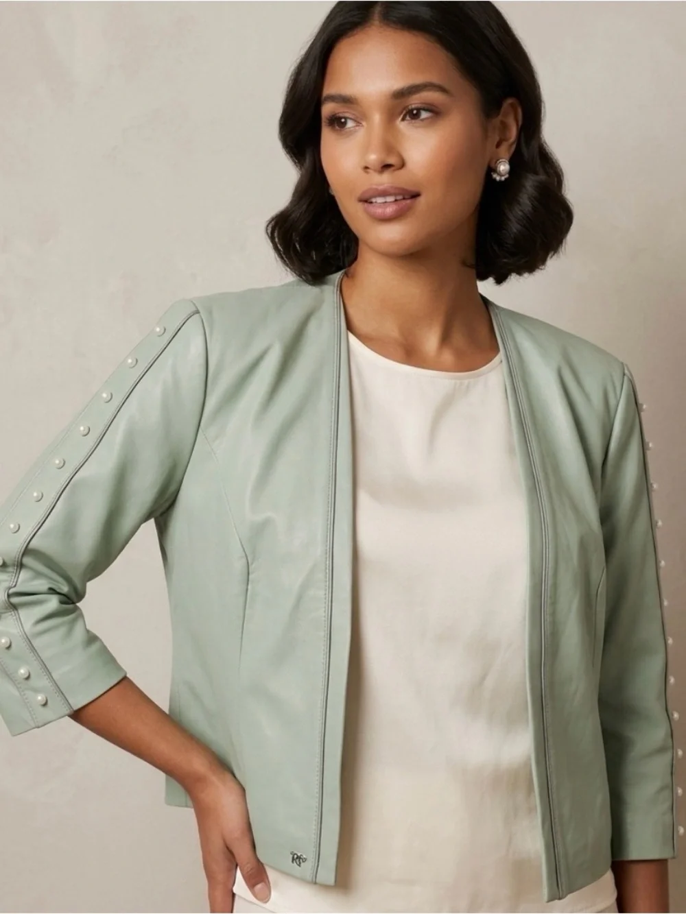 Rino & Pelle Mint Green Lamb Leather Pearl Sleeve Bolero Jacket Size 42
